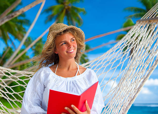 istock Young woman relaxing on a idyllic tropical beach 183809846