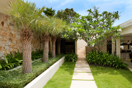 Outdoor Walkway And Courtyard In A Tropical Villa Residence.
