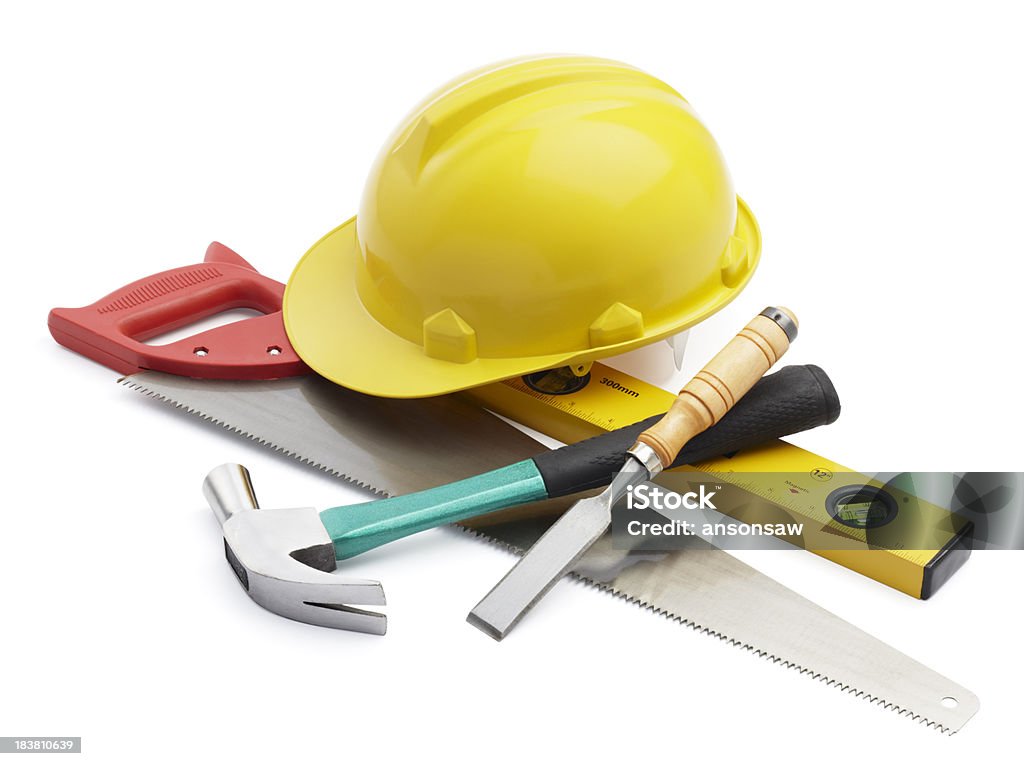 work tools various type of tools on white background Chisel Stock Photo