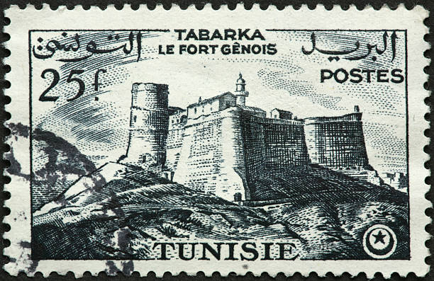 istock Tabarka Castle, Tunisia, on an old postage stamp 183810728