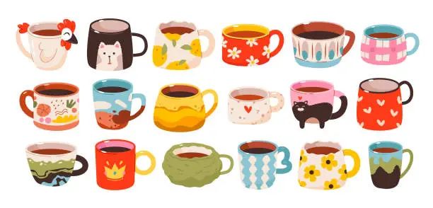 Vector illustration of Cups of tea and coffee drinks set. Cute trendy hand drawn mugs with ornaments. Ceramic Crockery. Flat vector illustration isolated on white background.