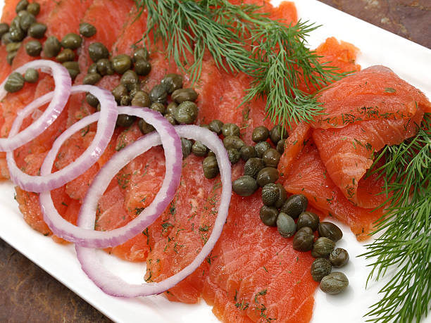 Gravlax (gravad lax, gravet laks, gravlaks) "Scandinavian Salt and Sugar cured salmon platter with fresh dill, red onion and capers" gravad stock pictures, royalty-free photos & images