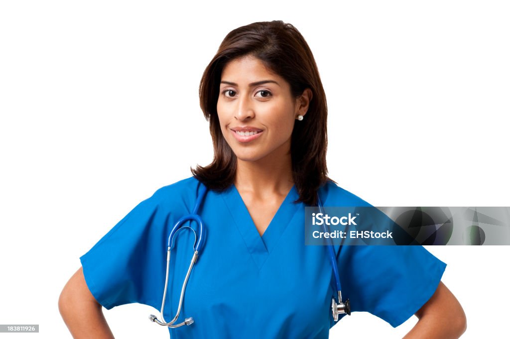 Jeune femme hispanique médecin infirmière, isolé sur fond blanc - Photo de Suivi des malades libre de droits