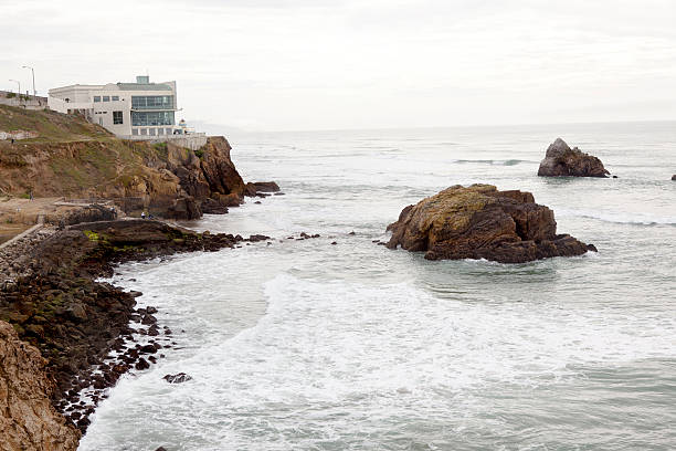 NEWPORT, RHODE ISLAND / USA, FEBRUARY 24, 2018 - Rocky, coastal seascape of Castle Hill Inn on the coastline of Newport, Rhode Island, USA.