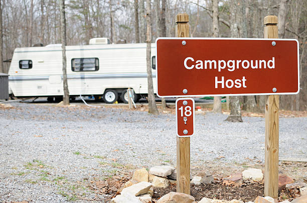 Campground host sign in campground with out of focus travel trailer in background.