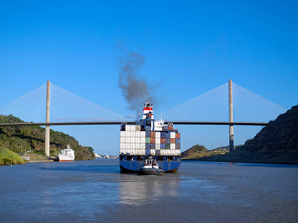 Container ship bridge Panama Canal stock photo