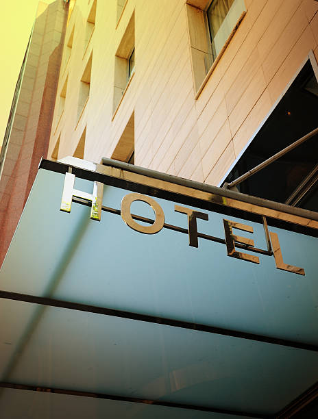 istock Hotel sign over building entrance 183813876