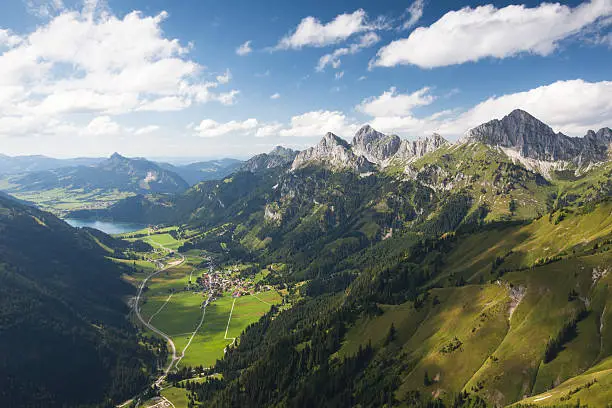 "summer view on the tannheimer tal, tirol, austria, view from mt. gaichtspitze on nesselw"