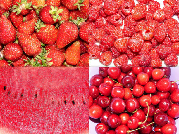 Collage with different red fruits: Strawberries, raspberries, watermelon, cherries