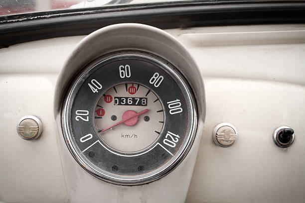 Vintage Car Speedometer and Instrument Panel View on the vintage control panel and speedometer of an old classical Italian car. car odometer stock pictures, royalty-free photos & images