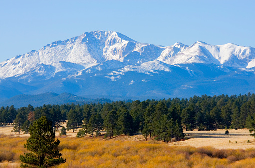 Melting snow on Pikes Peak Colorado in the spring against a beautiful clear blue sky.