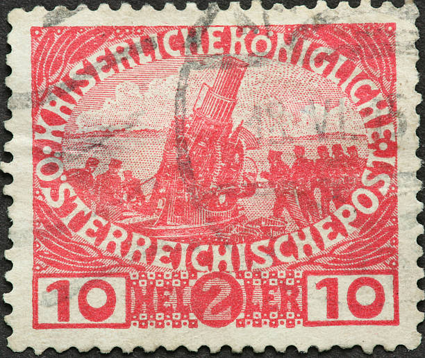 istock large old artillery piece on an Austrian stamp 183815818