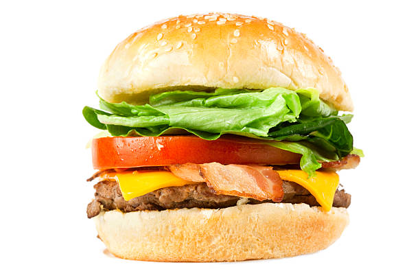 Juicy Cheese and Bacon Burger Fresh juicy Cheese and Bacon Burger isolated on white. Good for menu display.Click here for more images of Fast Food: bacon cheeseburger stock pictures, royalty-free photos & images