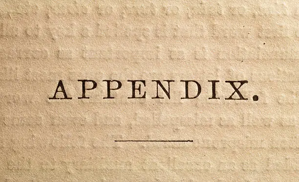 The Appendix page of an antique book.  You can see the indentation from the other side of the page made by the old printing press.  The printing is copyrighted 1890 and is in the public domain.