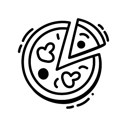 The deliciously crafted lines capture the essence of a perfect pizza, making it ideal for pizzeria logos, restaurant menus, or any project that celebrates the joy of this beloved culinary creation. Download this icon to add a touch of handcrafted charm to your designs, ideal for websites, signage, or materials dedicated to showcasing the mouthwatering pleasure of pizza.