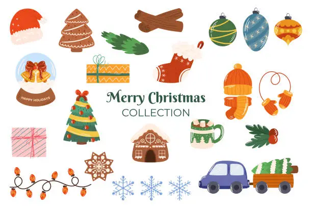 Vector illustration of Christmas collection of different elements such a Santa hat, gingerbread cookies, snowglobe, car with tree, giftbox, warm hat, cocoa with marshmallow, snowflake.