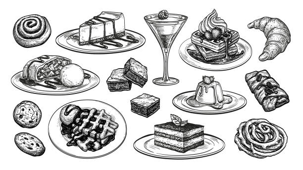 15 Desserts And Pastry Illustrations in an ink sketch style.