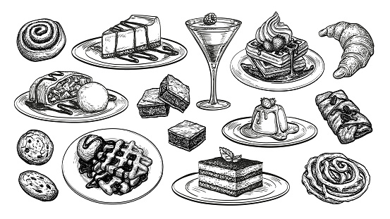 15 Desserts And Pastry Illustrations in an ink sketch style.