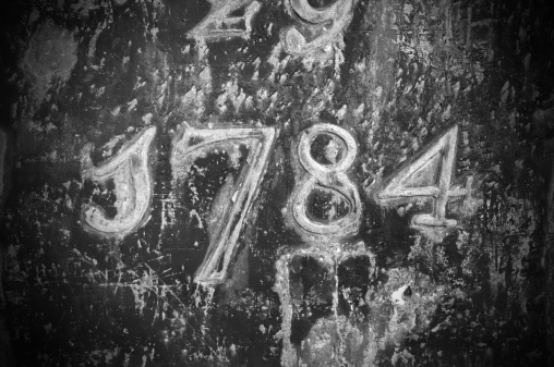 Close-up of the number 1784 in black and white.