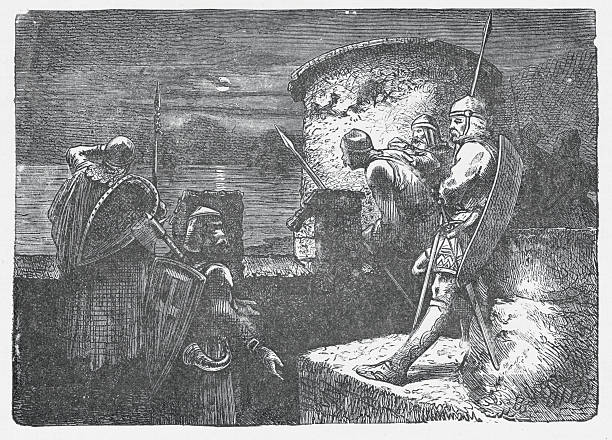 istock 19th century illustration of  watchmen looking out for northmens attacks 183821188