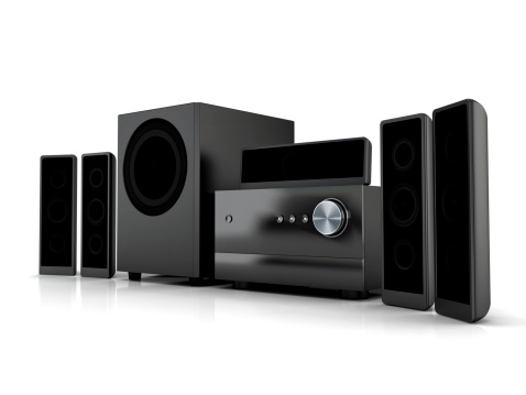 Compact 5+1 home theater system / hi-fi set isolated on white with soft reflection.Similar images: