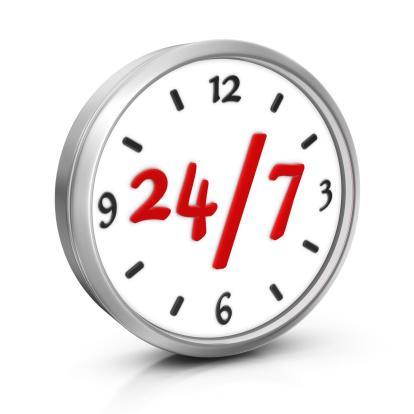 Round black and white clock with both the hour hand and minute hand almost pointing to 12 o'clock. Illustration of the concept of due date, deadline, countdown and doomsday