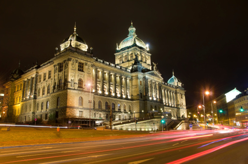 Night photo of National museum in Prague in the Czech republic - historical building in the middle of the city.