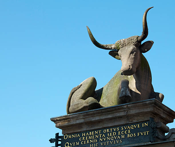 The picture shows one of the local landmarks in Nuremberg, Germany. It is the sculpture of an ox on the first bridge of Nuremberg - the so called meat bridge (Fleischbruecke).