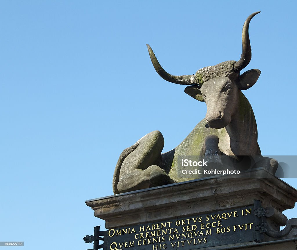 Ox sculpture on the meatbridge in Nuremberg, Germany The picture shows one of the local landmarks in Nuremberg, Germany. It is the sculpture of an ox on the first bridge of Nuremberg - the so called meat bridge (Fleischbruecke). Nuremberg Stock Photo