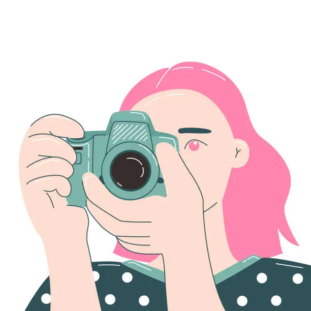 Vector illustration of Girl holding camera and take a picture