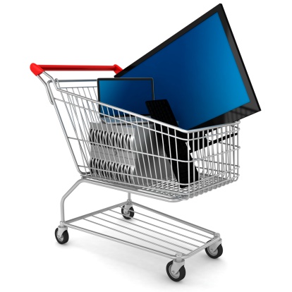 Empty metal shopping cart on a digital tablet or smartphone isolated on white background. Concept image for e-commerce and online shopping