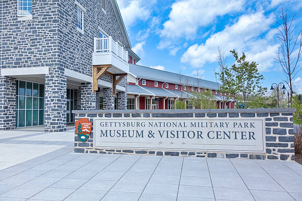 Gettysburg Battlefield Visitor Center Entrance and Sign "Visitor Center at the Gettysburg National Battlefield, opened in 2008.I invite you to view some of my other Gettysburg Images:" gettysburg national military park stock pictures, royalty-free photos & images