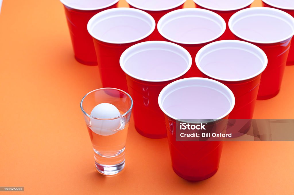Beer Pong Cups and ball for beer pong game. Beer Pong Stock Photo