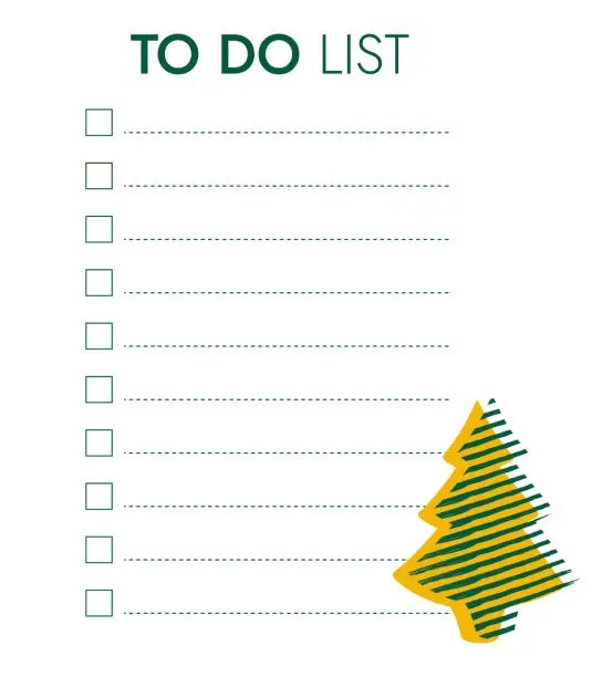 Vector illustration of To-do list template for New Year. Festive checklist with shape of striped Christmas tree. Lines squares for writing.