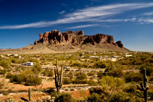 Superstition Mountain as seen from the west over Apache Junction in Arizona.