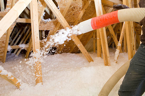 Worker Spraying Blown Fiberglass Insulation between Attic Trusses  insulation stock pictures, royalty-free photos & images