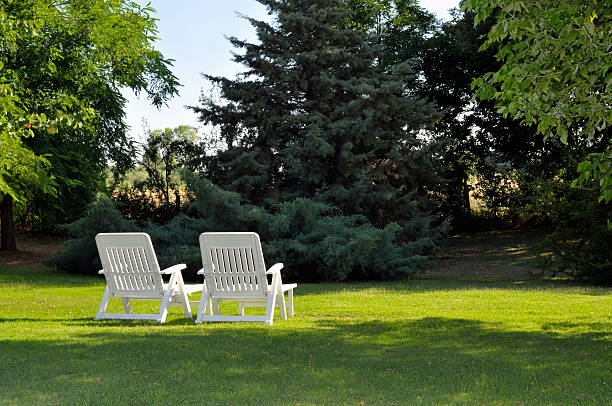 istock Two chairs in a lush garden 183827625