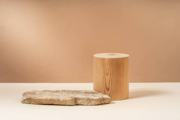 istock Podium for exhibitions and product presentations, material: stone, wood, dry branches. Beautiful beige background made from natural materials. Abstract nature scene with composition. 1838287332