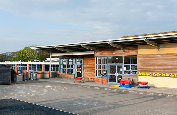 Primary school building in Kent, United Kingdom "School building in Kent, UK, this type of school is for infant/junior children aged 5-11years old" schoolyard stock pictures, royalty-free photos & images
