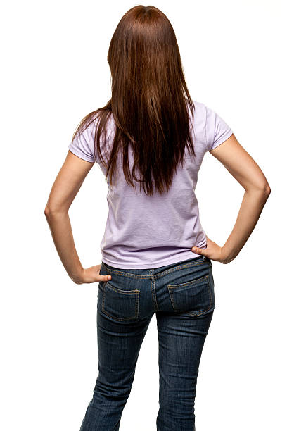 Rear View Of Young Woman, Three Quarter Length Portrait of a woman on a white background. http://s3.amazonaws.com/drbimages/m/linpra.jpg three quarter length photos stock pictures, royalty-free photos & images