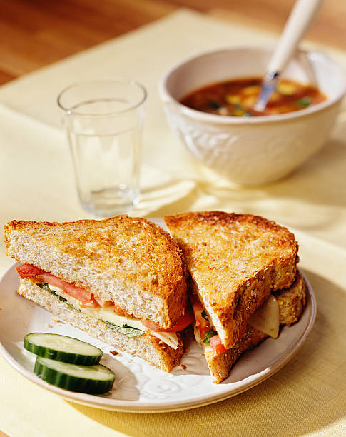 Toasted cheese and tomato sandwich stock photo