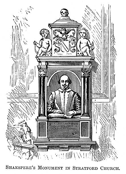 William Shakespeare Monument Vintage engraving from 1877 of the monument to William Shakespeare in Stratford Church william shakespeare poet illustration and painting engraved image stock illustrations