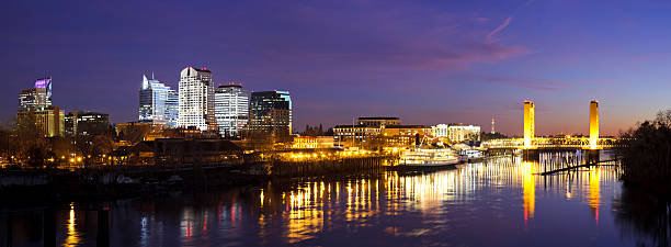 Downtown Sacramento skyline at late dusk A panorama of stitched images of the downtown Sacramento skyline after sunset. sacramento photos stock pictures, royalty-free photos & images