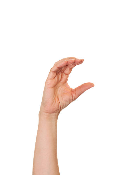 Caucasian female making the letter C using American Sign Language.