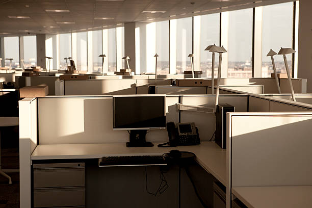 Modern Office Space Office cubicles in a new modern workplace with natural sunlight shining in from the windows. office cubicle no people stock pictures, royalty-free photos & images