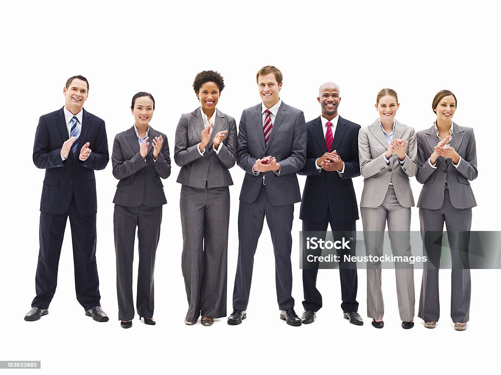 Line of Business People Clapping - Isolated Line of business people standing and applauding towards the camera. Horizontal shot. Isolated on white. Clapping Stock Photo