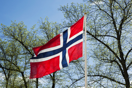 Norwegian flag and green deciduous trees in spring.