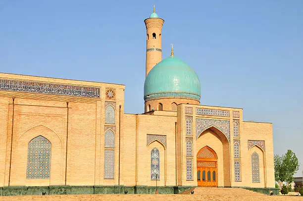 "Ancient architecture of Telyashayakh Mosque complex (Khast Imam Mosque) in Tashkent, Uzbekistan."