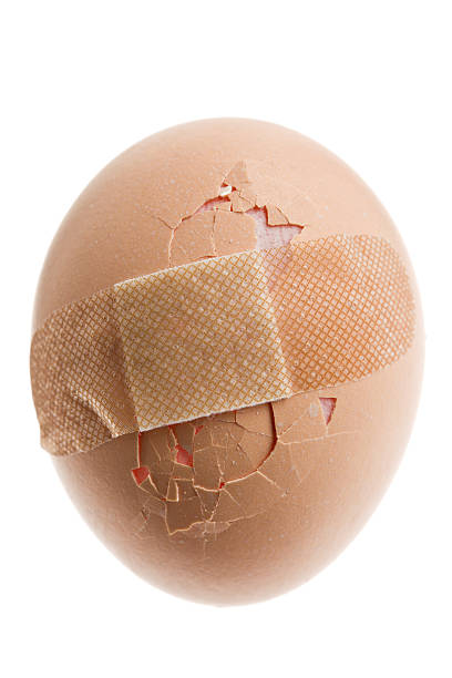 Cracked Nest Egg A cracked egg  with a band aid on it. Intended as a design element for financially related nest egg concepts.Isolated on white. animal egg photos stock pictures, royalty-free photos & images