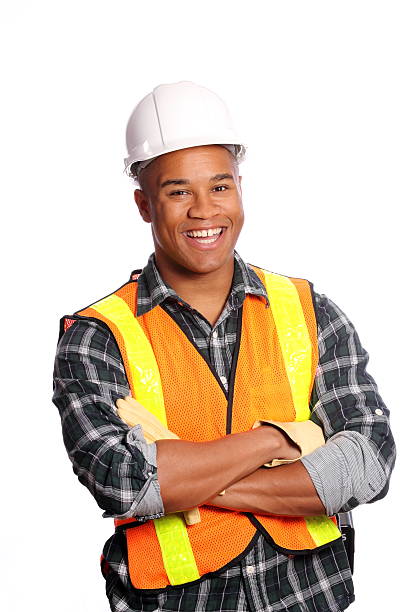 african american konstruktion foreman - smiling single object photography orange stock-fotos und bilder